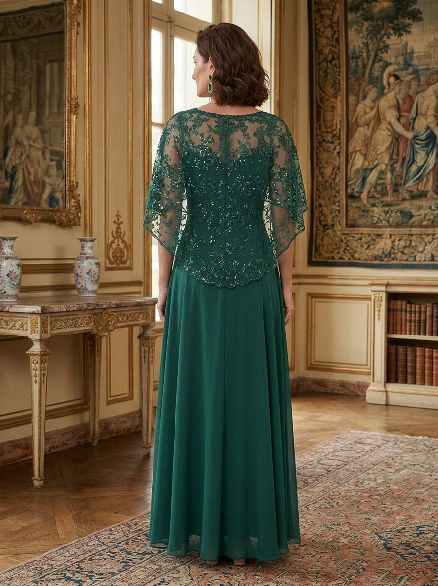 Green Chiffon A-Line Scoop Neck Mother of the Bride & Groom Dresses with Sequin Floral Cape